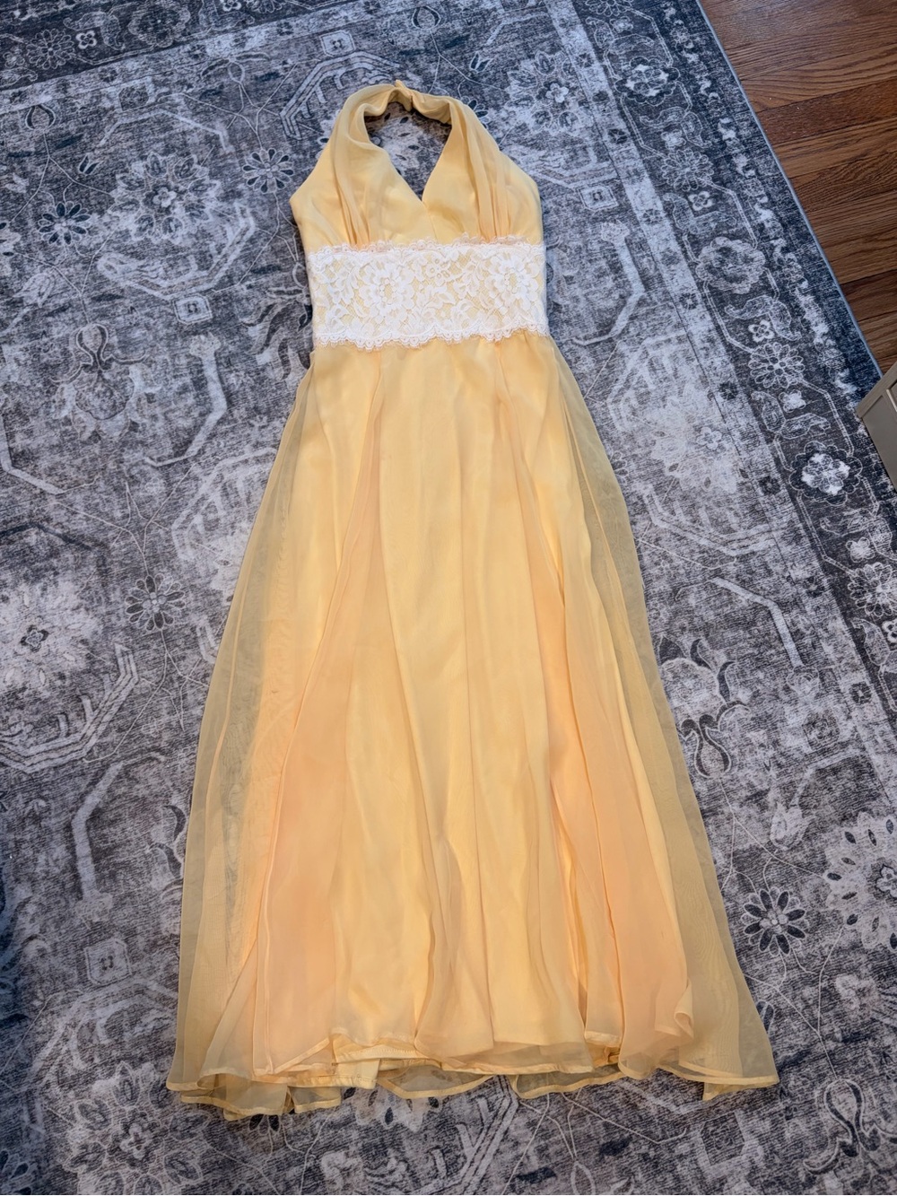 After Six Yellow Halter Maxi Dress with White Lace Waist
